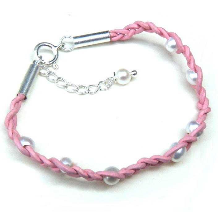 White Pearls on Pink Leather Bracelet
